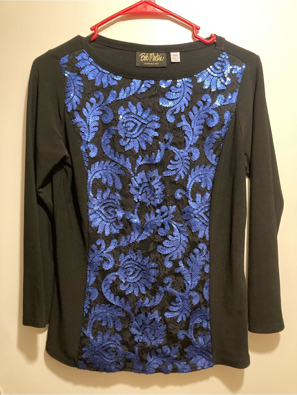 Bob Mackie Black Long Sleeve Top with Royal Blue Sequin Floral Panel